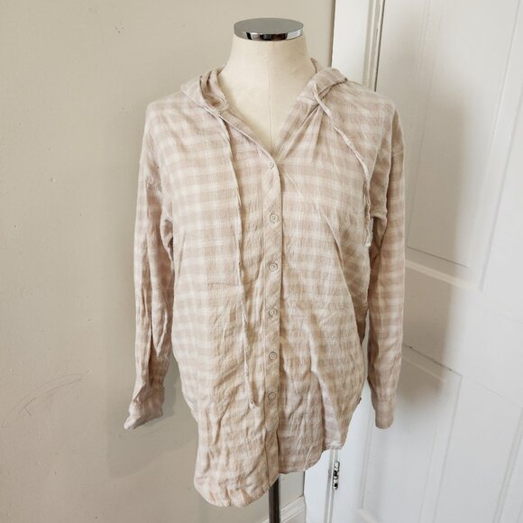 Aerie Beige Plaid Hooded Button Up Top Women's Size‎ Small - Picture 1 of 5